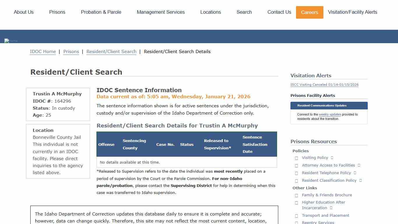 Resident/Client Search Details | Idaho Department of Correction